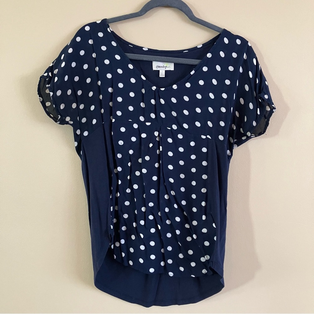 Elegant Navy Polka Dot Flattering Maternity Blouse